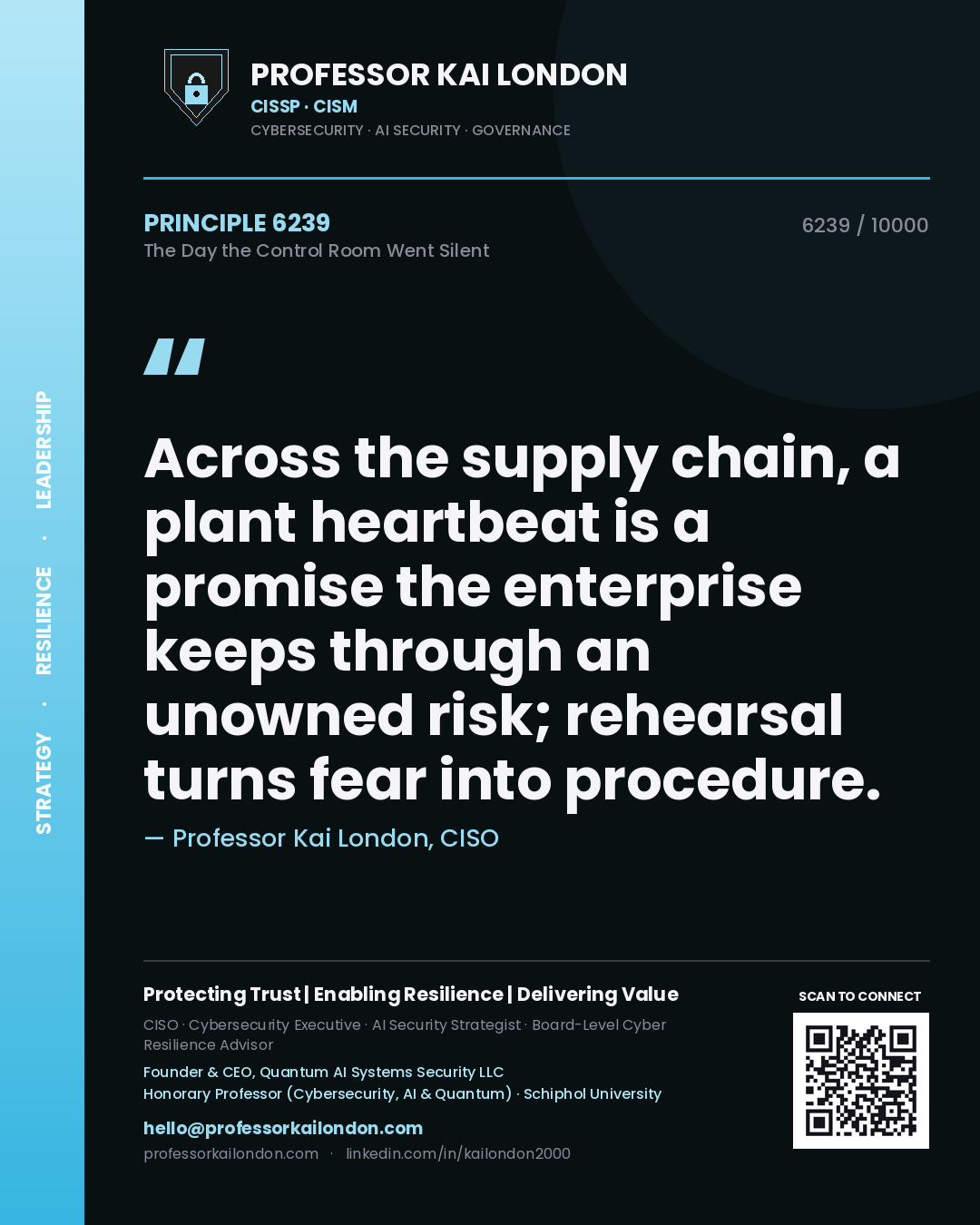 Quote card by Professor Kai London reading 'Across the supply chain, a plant heartbeat is a promise the enterprise keeps through an unowned risk; rehearsal turns fear into procedure.'. From the book The Day the Control Room Went Silent.