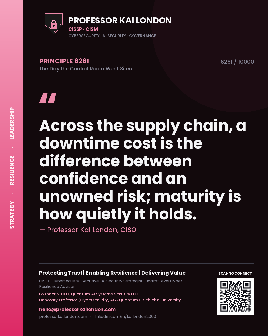 Professor Kai London principle 6261: Across the supply chain, a downtime cost is the difference between confidence and an unowned risk; maturity is how quietly it holds.