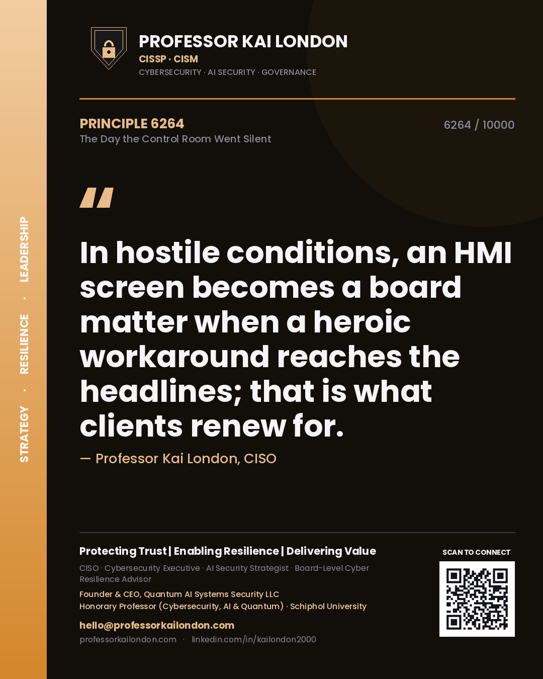 Quote card by Professor Kai London reading 'In hostile conditions, an HMI screen becomes a board matter when a heroic workaround reaches the headlines; that is what clients renew for.'. From the book The Day the Control Room Went Silent.