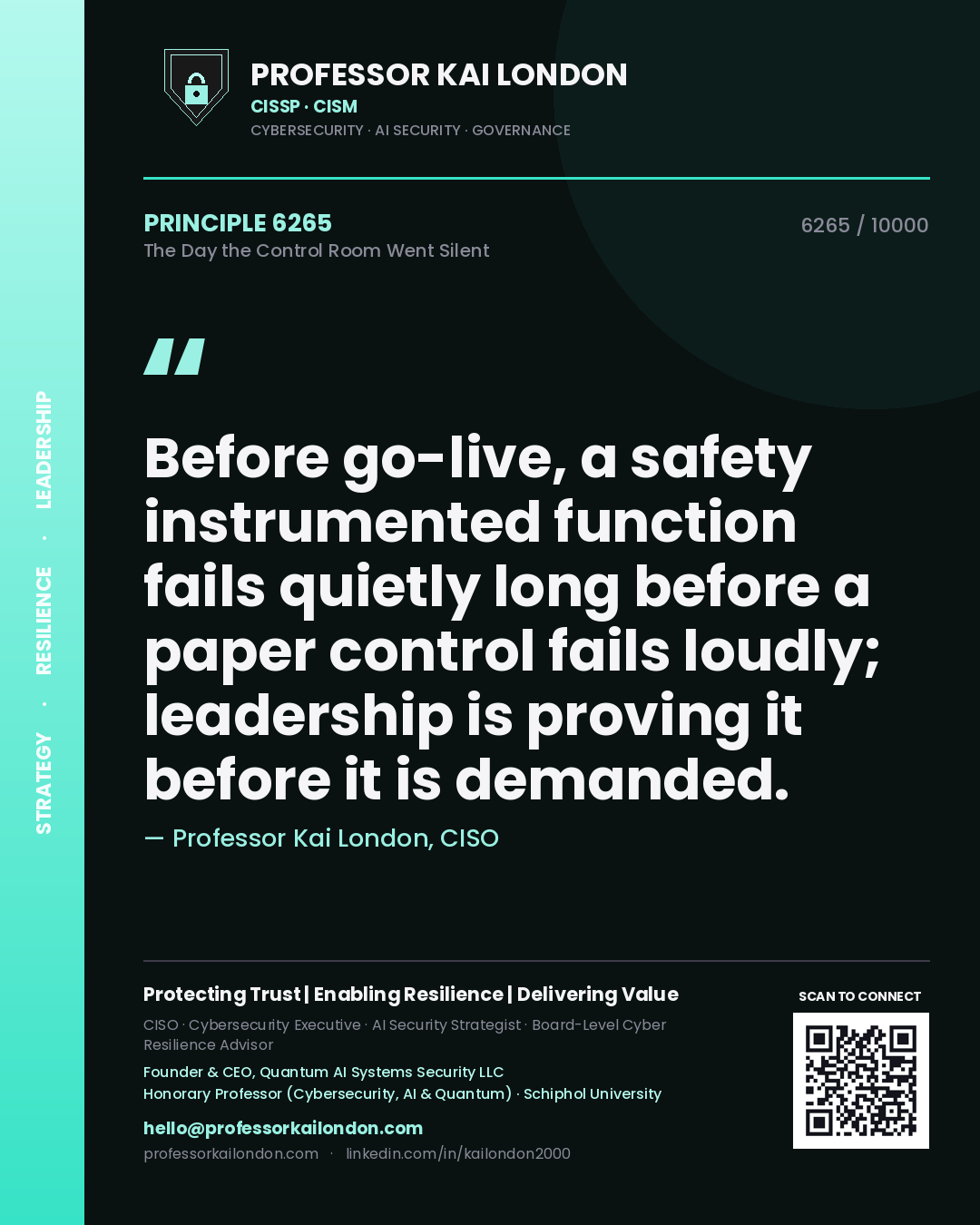 Quote card by Professor Kai London reading 'Before go-live, a safety instrumented function fails quietly long before a paper control fails loudly; leadership is proving it before it is demanded.'. From the book The Day the Control Room Went Silent.