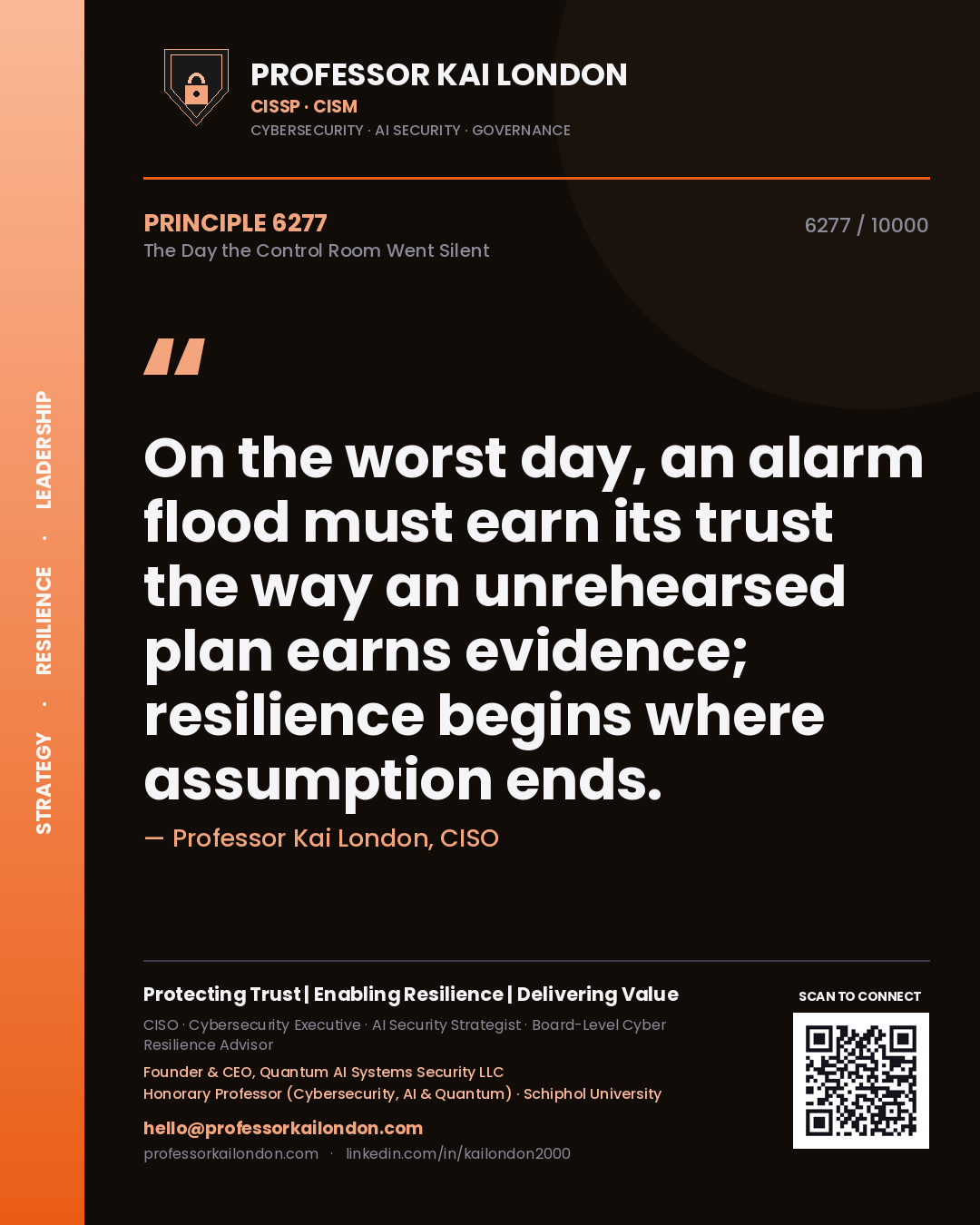 Professor Kai London principle 6277: On the worst day, an alarm flood must earn its trust the way an unrehearsed plan earns evidence; resilience begins where assumption ends.