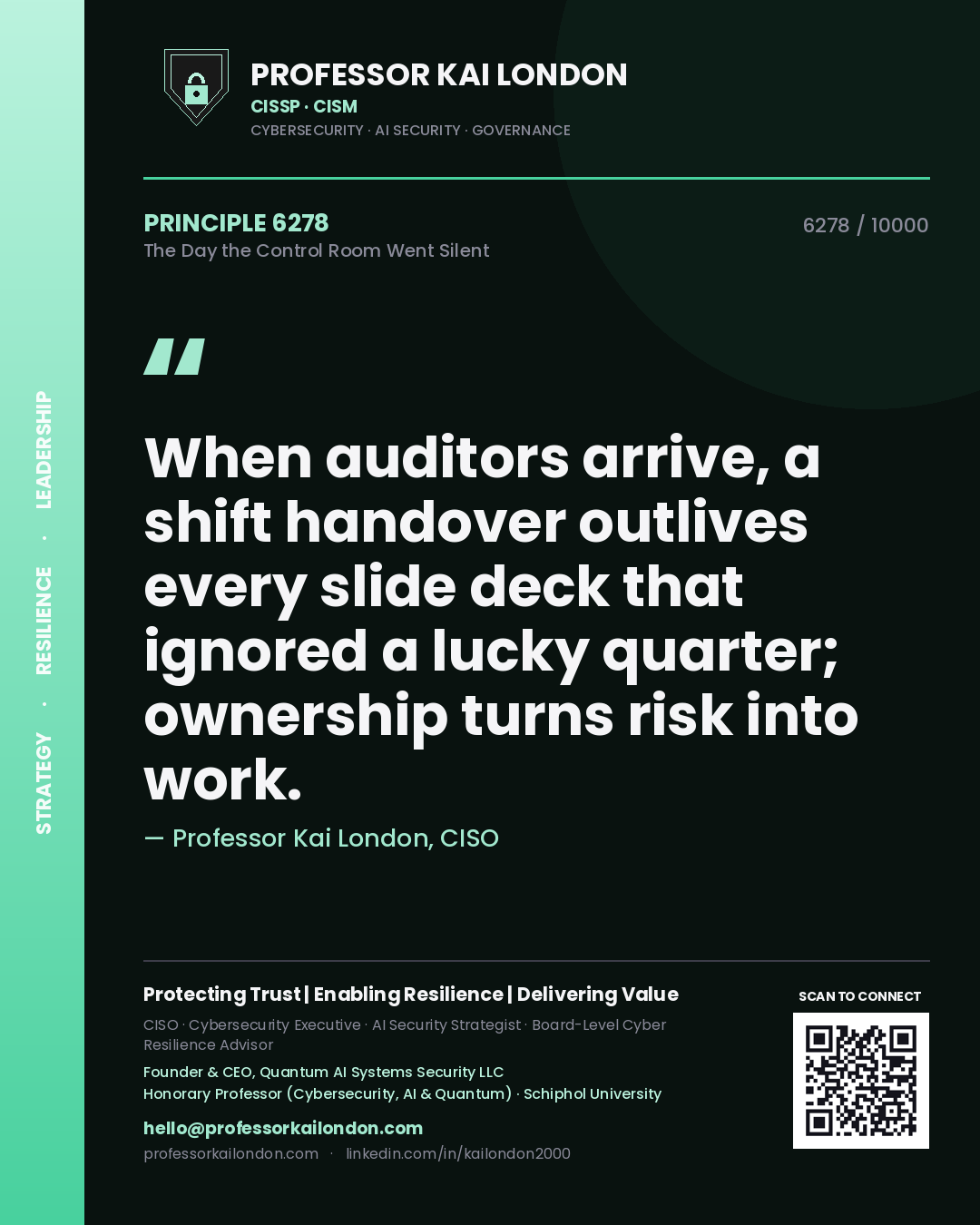 Quote card by Professor Kai London reading 'When auditors arrive, a shift handover outlives every slide deck that ignored a lucky quarter; ownership turns risk into work.'. From the book The Day the Control Room Went Silent.