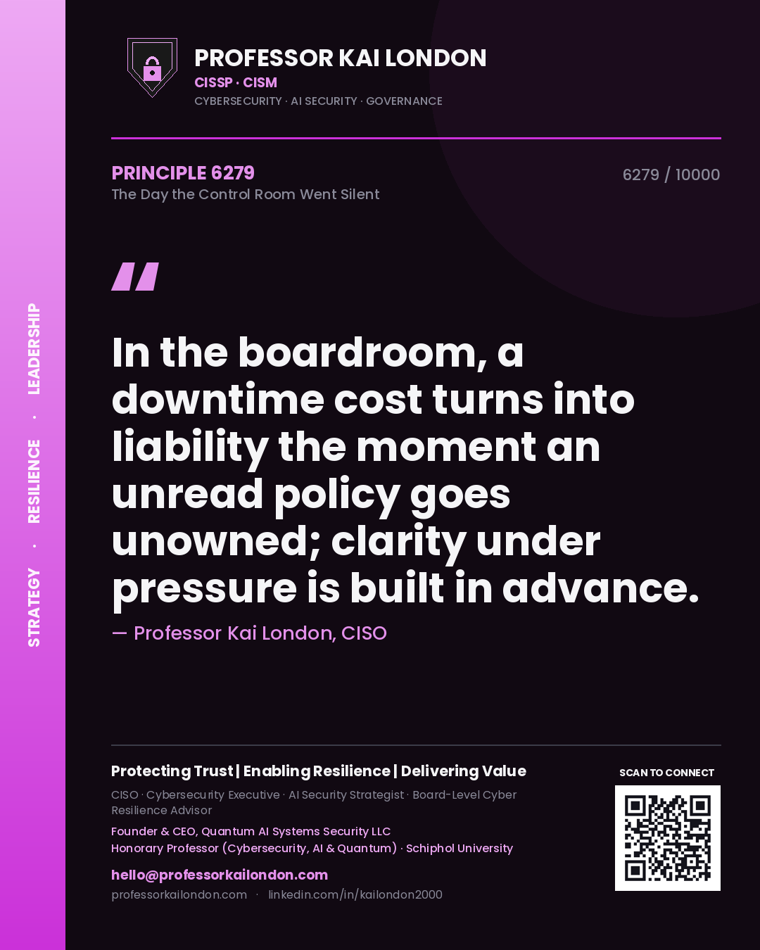 Professor Kai London principle 6279: In the boardroom, a downtime cost turns into liability the moment an unread policy goes unowned; clarity under pressure is built in advance.
