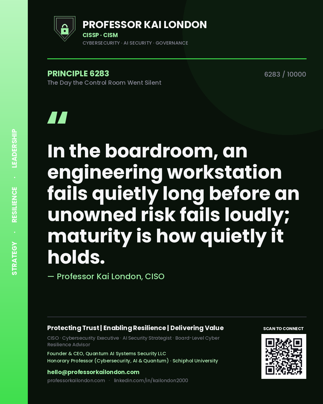 Professor Kai London principle 6283: In the boardroom, an engineering workstation fails quietly long before an unowned risk fails loudly; maturity is how quietly it holds.
