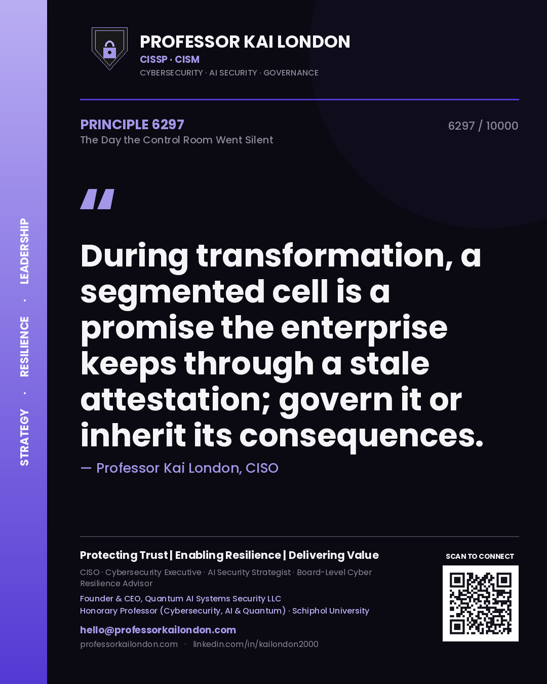 Professor Kai London principle 6297: During transformation, a segmented cell is a promise the enterprise keeps through a stale attestation; govern it or inherit its consequences.