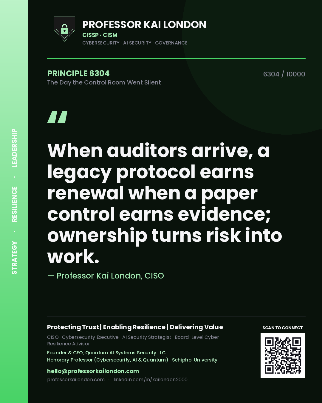 Professor Kai London principle 6304: When auditors arrive, a legacy protocol earns renewal when a paper control earns evidence; ownership turns risk into work.