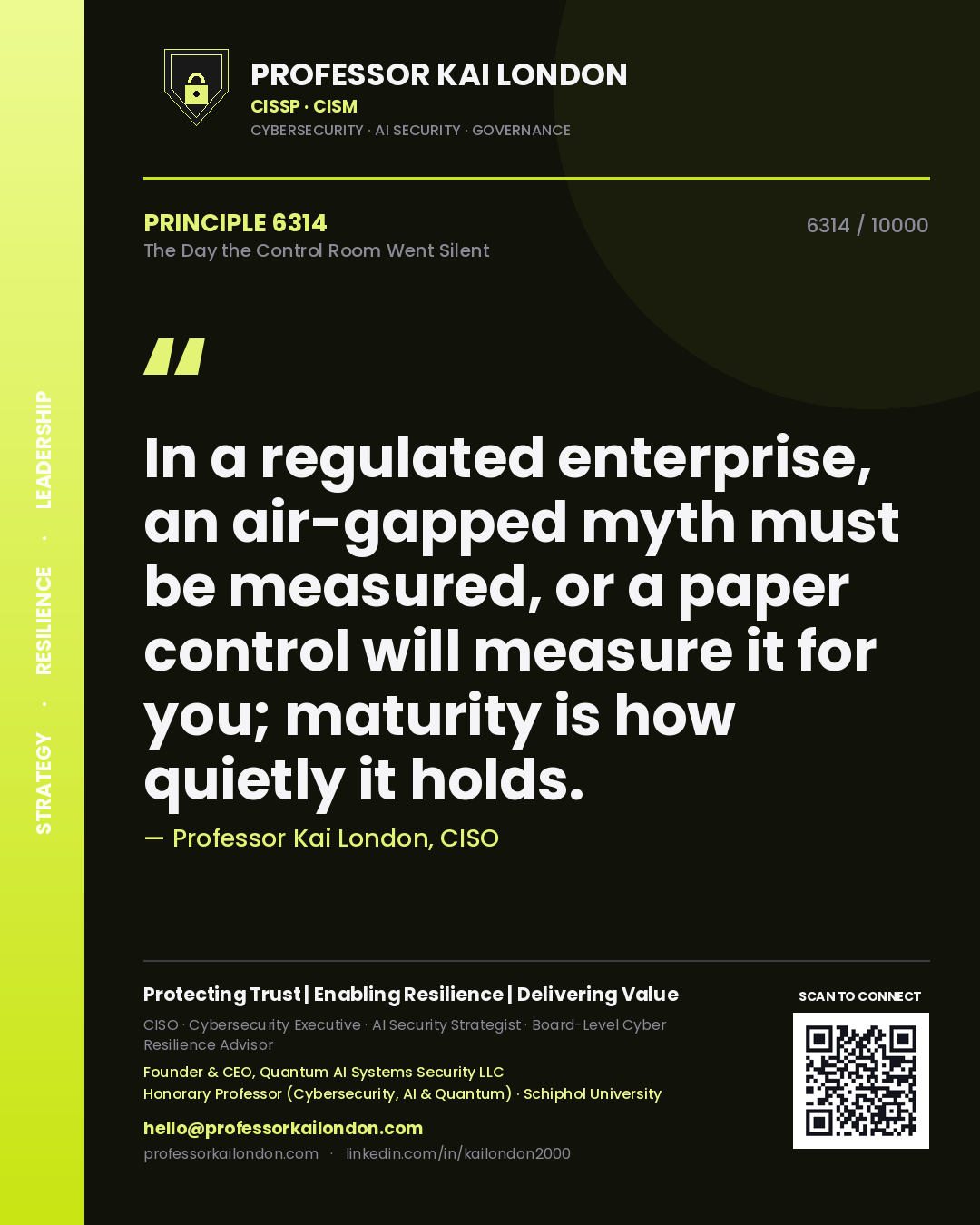 Quote card by Professor Kai London reading 'In a regulated enterprise, an air-gapped myth must be measured, or a paper control will measure it for you; maturity is how quietly it holds.'. From the book The Day the Control Room Went Silent.