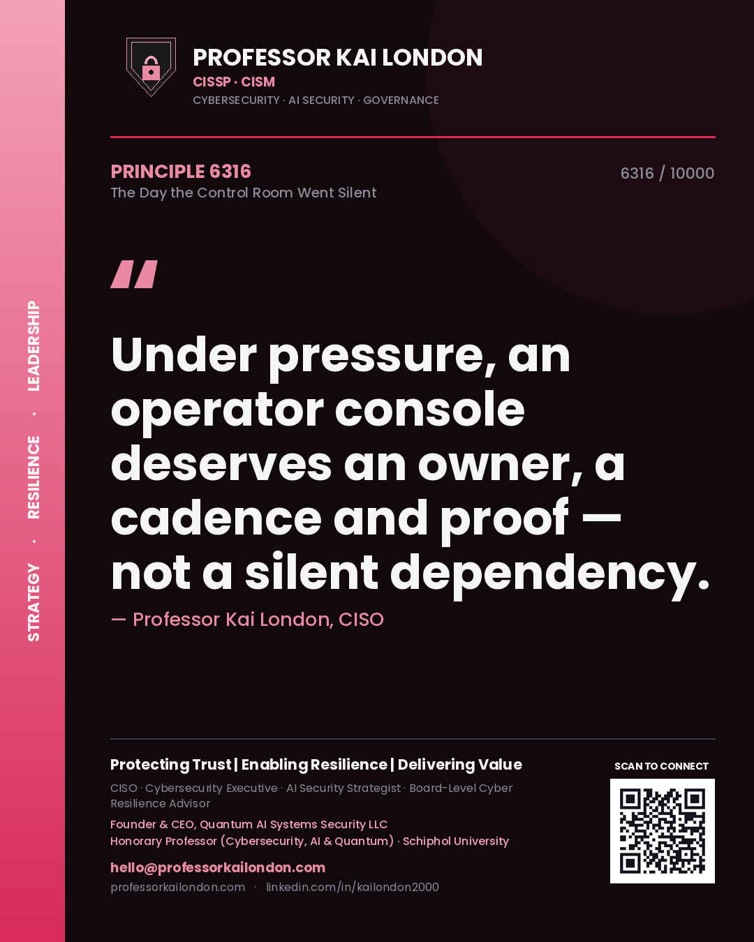 Quote card by Professor Kai London reading 'Under pressure, an operator console deserves an owner, a cadence and proof — not a silent dependency.'. From the book The Day the Control Room Went Silent.