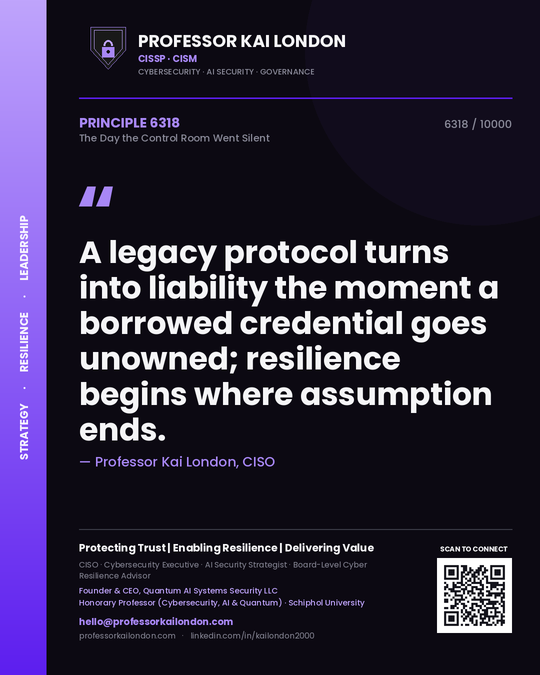 Quote card by Professor Kai London reading 'A legacy protocol turns into liability the moment a borrowed credential goes unowned; resilience begins where assumption ends.'. From the book The Day the Control Room Went Silent.