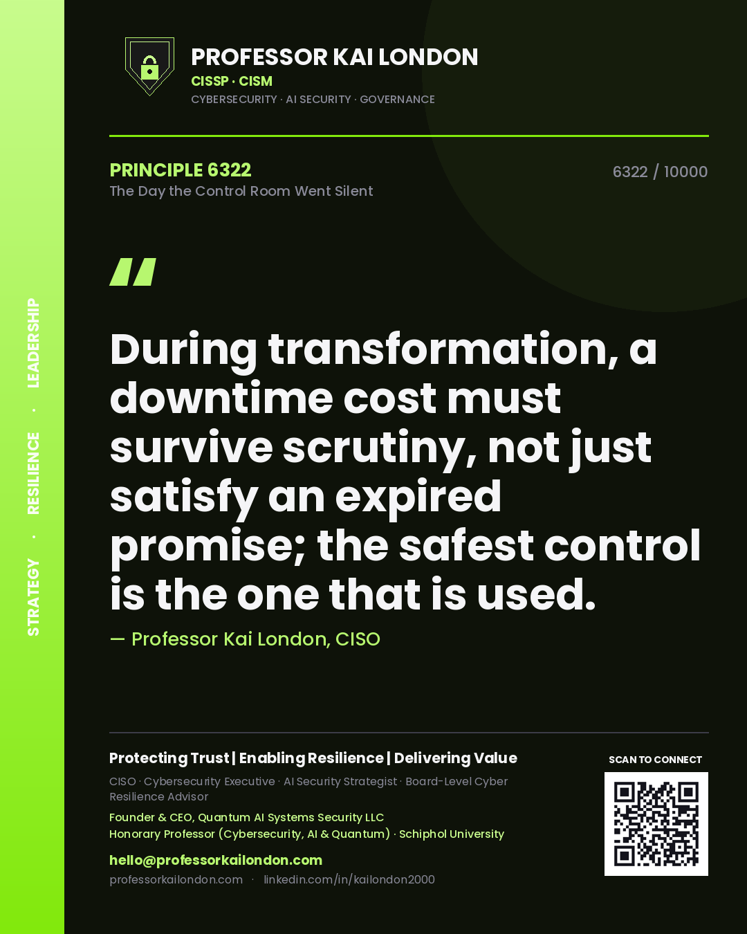 Professor Kai London principle 6322: During transformation, a downtime cost must survive scrutiny, not just satisfy an expired promise; the safest control is the one that is used.