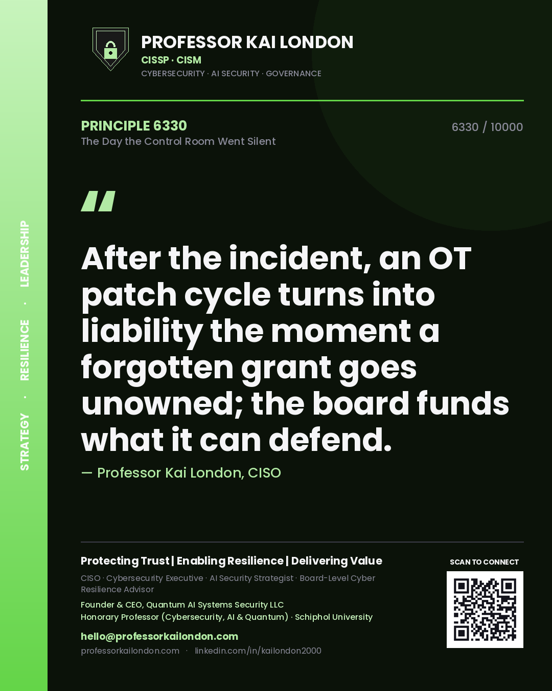 Professor Kai London principle 6330: After the incident, an OT patch cycle turns into liability the moment a forgotten grant goes unowned; the board funds what it can defend.