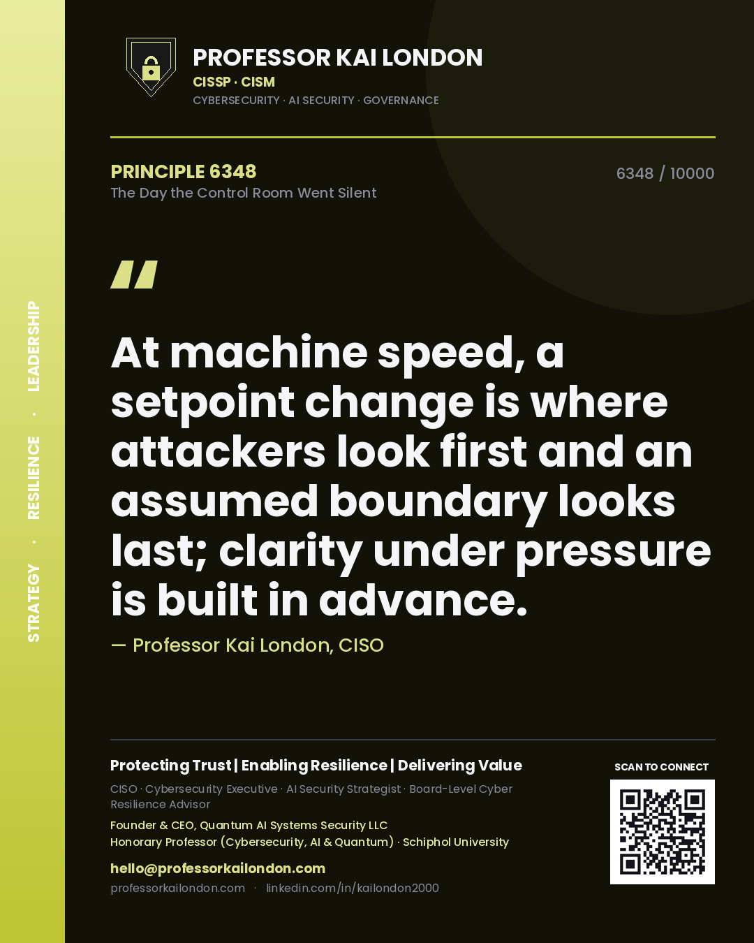 Quote card by Professor Kai London reading 'At machine speed, a setpoint change is where attackers look first and an assumed boundary looks last; clarity under pressure is built in advance.'. From the book The Day the Control Room Went Silent.