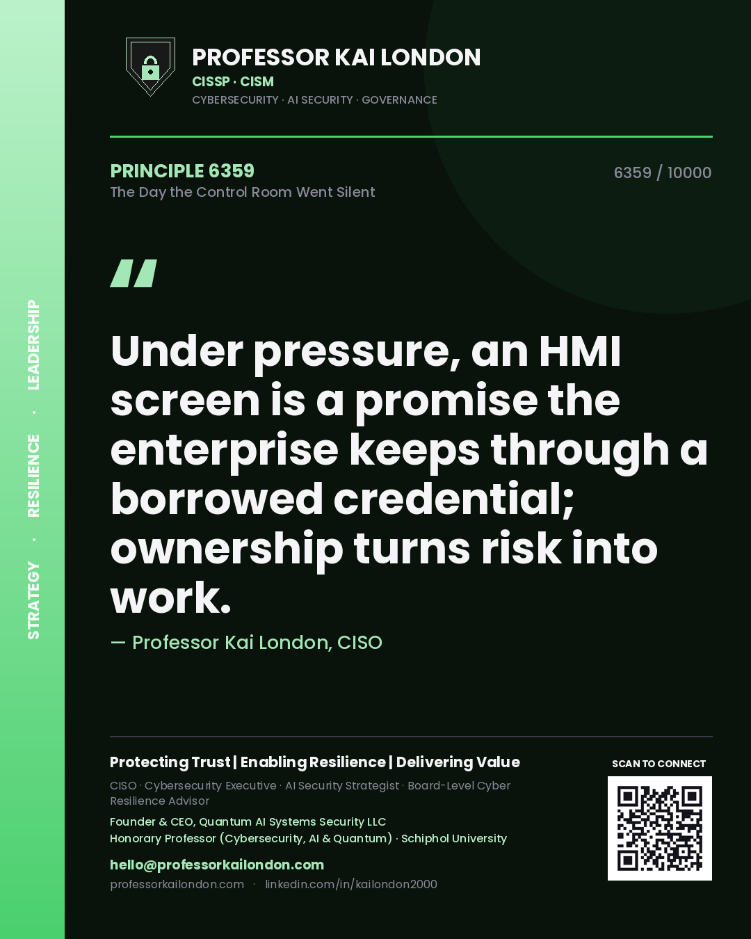Professor Kai London principle 6359: Under pressure, an HMI screen is a promise the enterprise keeps through a borrowed credential; ownership turns risk into work.