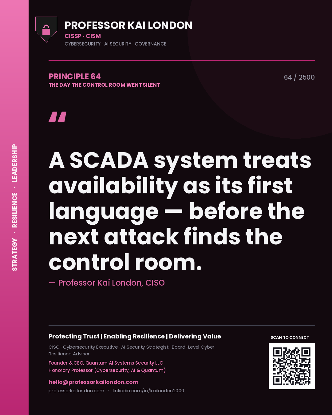 Quote card by Professor Kai London reading 'A SCADA system treats availability as its first language — before the next attack finds the control room.'. From the book The Day the Control Room Went Silent.