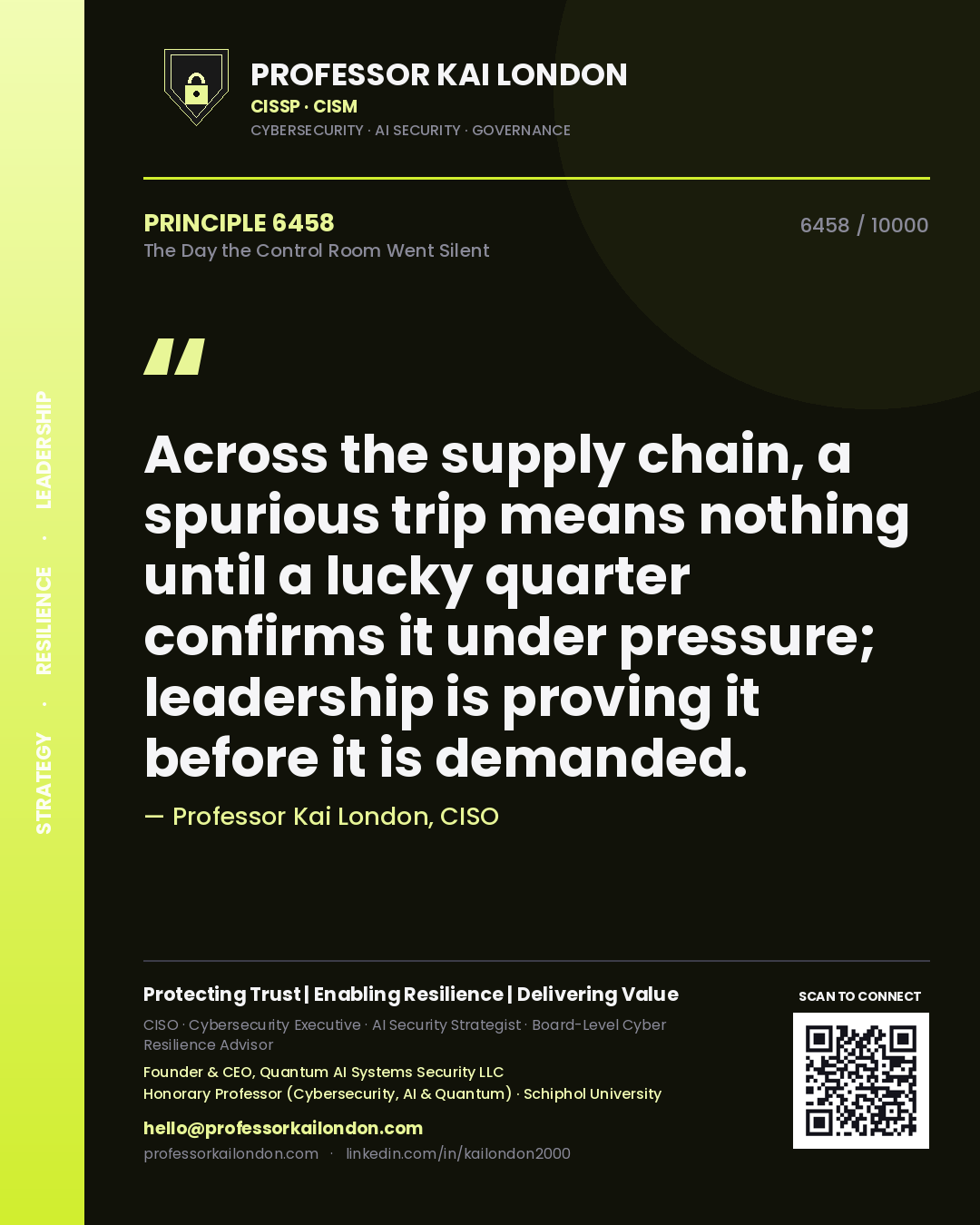 Quote card by Professor Kai London reading 'Across the supply chain, a spurious trip means nothing until a lucky quarter confirms it under pressure; leadership is proving it before it is demanded.'. From the book The Day the Control Room Went Silent.