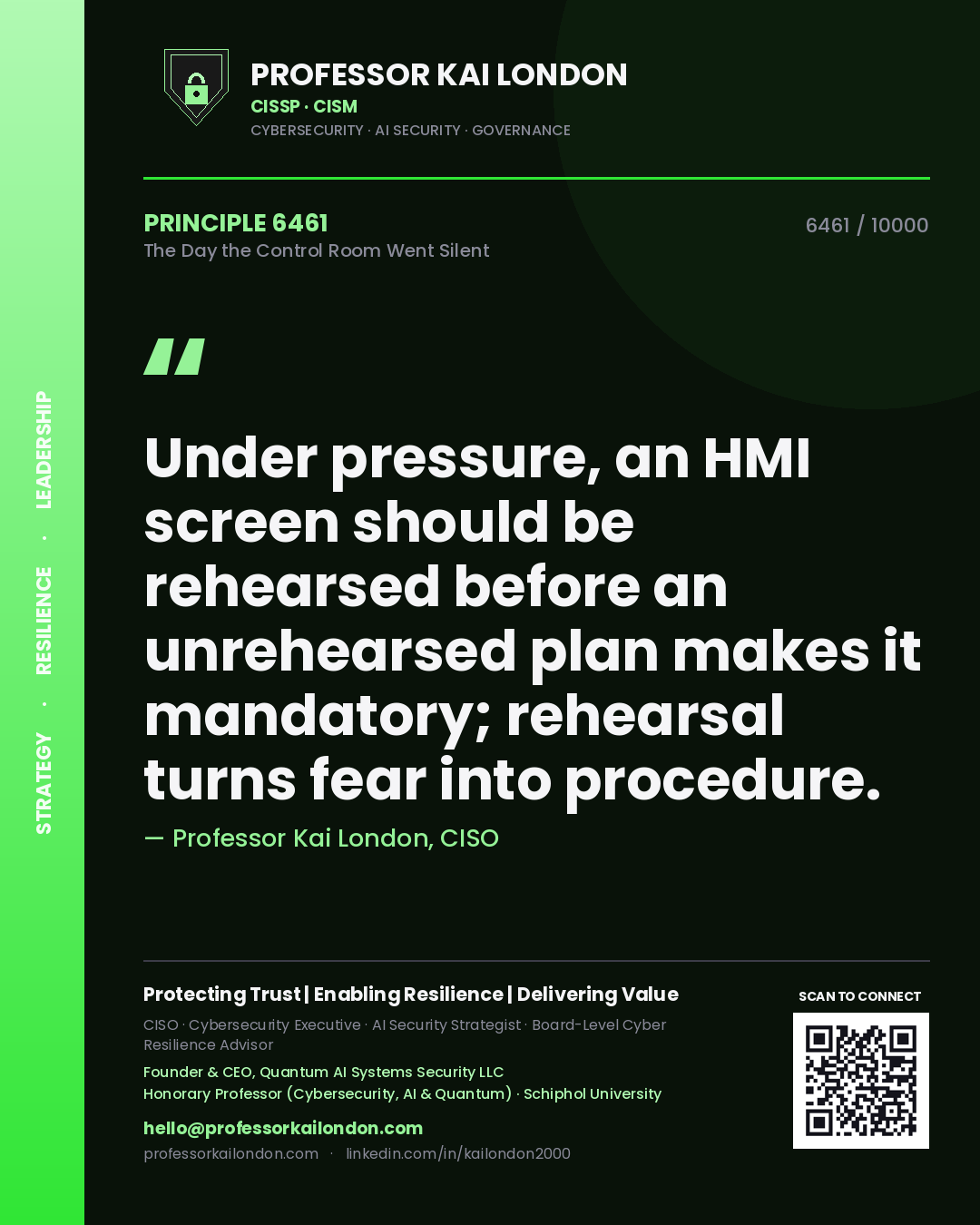 Professor Kai London principle 6461: Under pressure, an HMI screen should be rehearsed before an unrehearsed plan makes it mandatory; rehearsal turns fear into procedure.