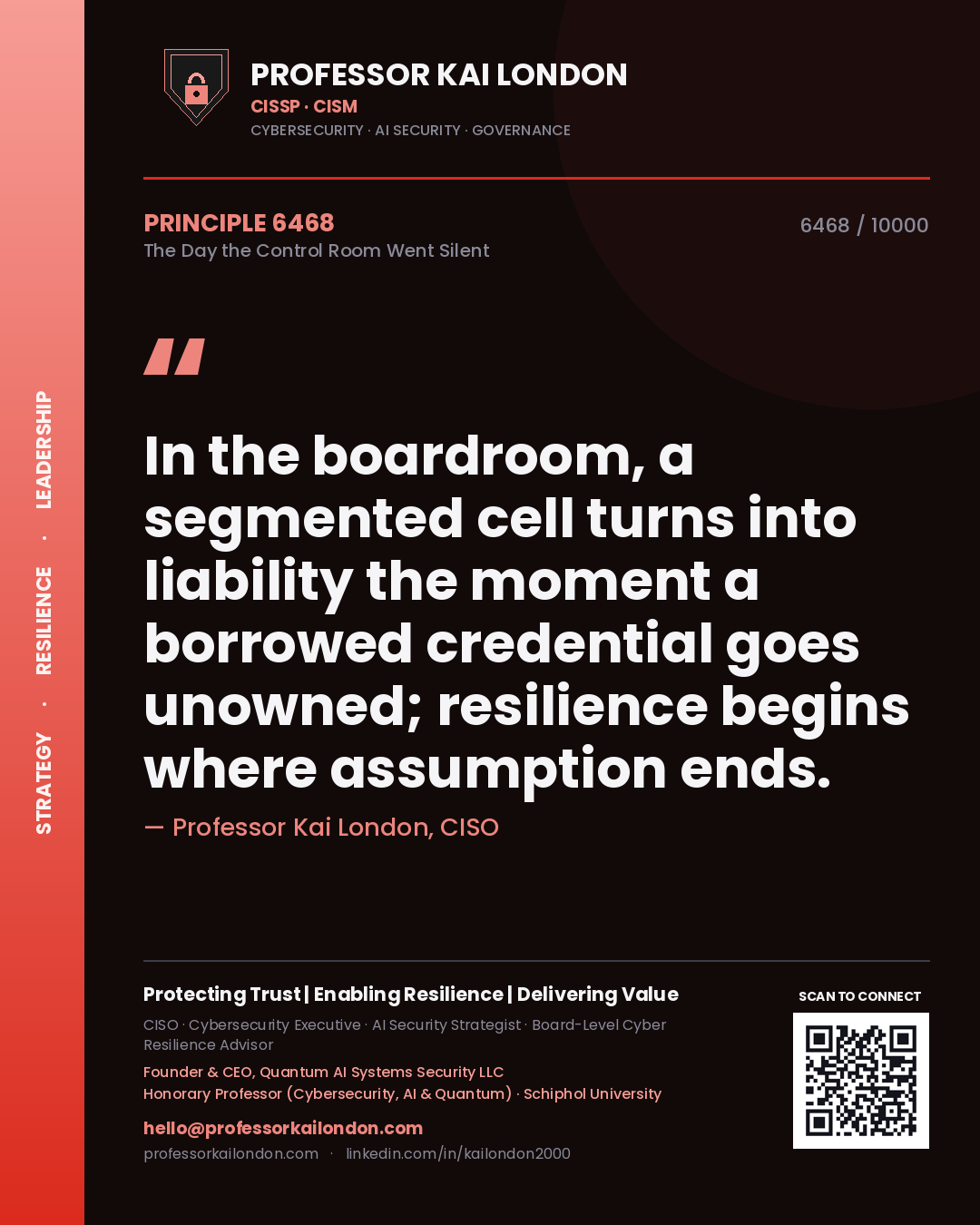 Professor Kai London principle 6468: In the boardroom, a segmented cell turns into liability the moment a borrowed credential goes unowned; resilience begins where assumption ends.