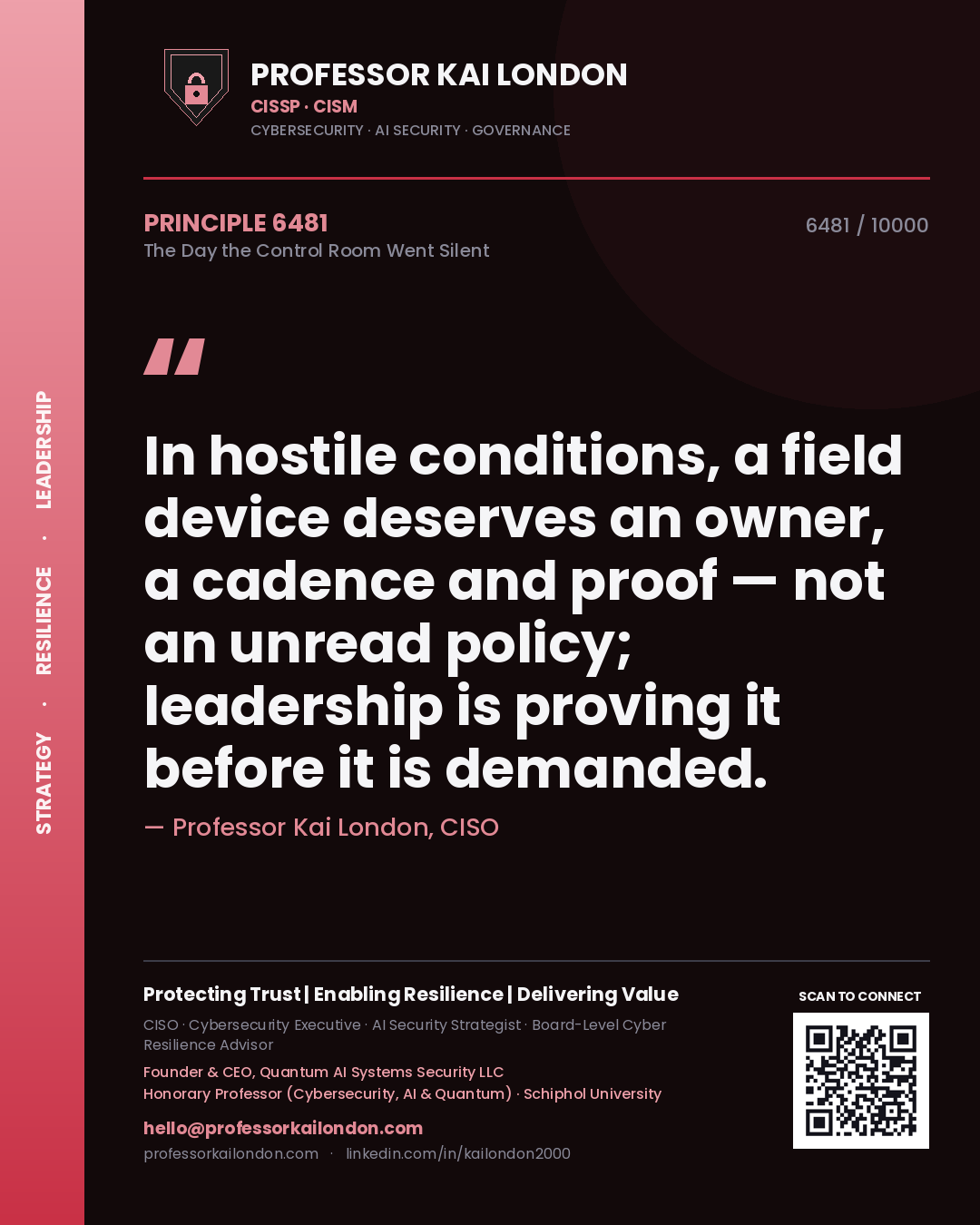 Professor Kai London principle 6481: In hostile conditions, a field device deserves an owner, a cadence and proof — not an unread policy; leadership is proving it before it is demanded.