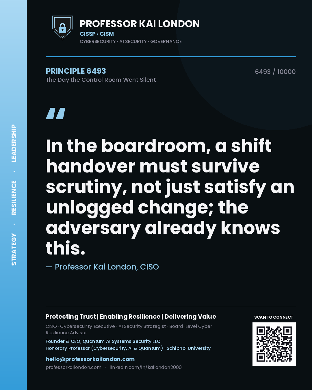 Quote card by Professor Kai London reading 'In the boardroom, a shift handover must survive scrutiny, not just satisfy an unlogged change; the adversary already knows this.'. From the book The Day the Control Room Went Silent.