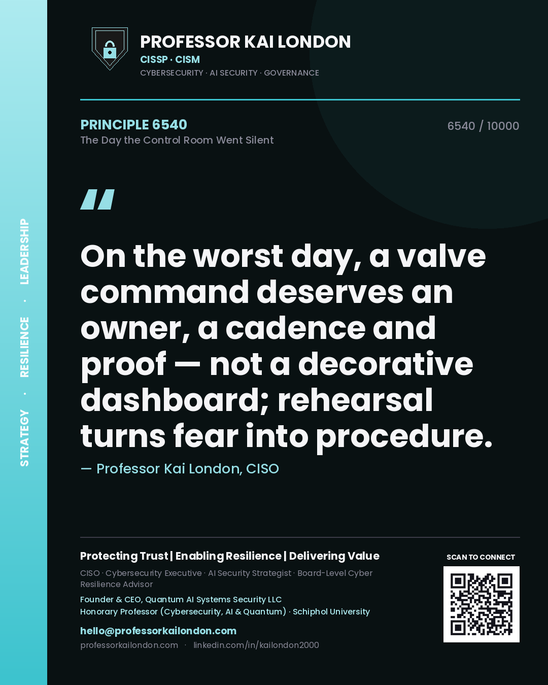 Professor Kai London principle 6540: On the worst day, a valve command deserves an owner, a cadence and proof — not a decorative dashboard; rehearsal turns fear into procedure.