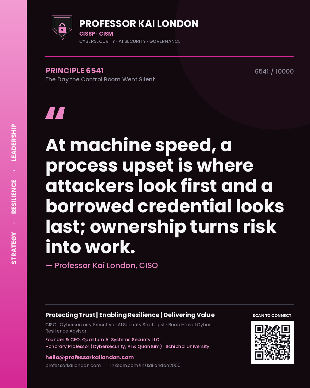 Quote card by Professor Kai London reading 'At machine speed, a process upset is where attackers look first and a borrowed credential looks last; ownership turns risk into work.'. From the book The Day the Control Room Went Silent.