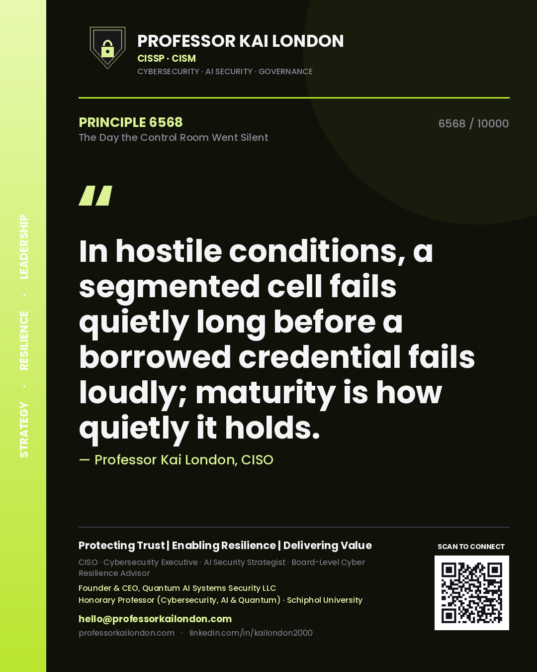 Professor Kai London principle 6568: In hostile conditions, a segmented cell fails quietly long before a borrowed credential fails loudly; maturity is how quietly it holds.