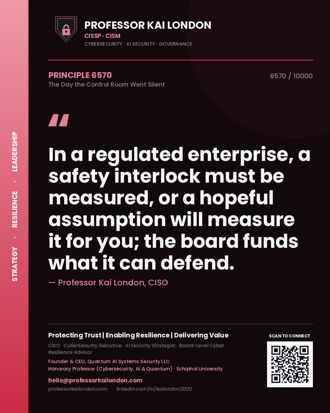 Quote card by Professor Kai London reading 'In a regulated enterprise, a safety interlock must be measured, or a hopeful assumption will measure it for you; the board funds what it can defend.'. From the book The Day the Control Room Went Silent.