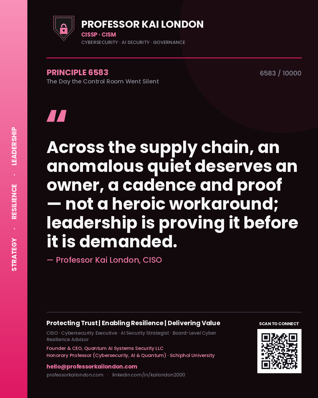 Professor Kai London principle 6583: Across the supply chain, an anomalous quiet deserves an owner, a cadence and proof — not a heroic workaround; leadership is proving it before it is demanded.