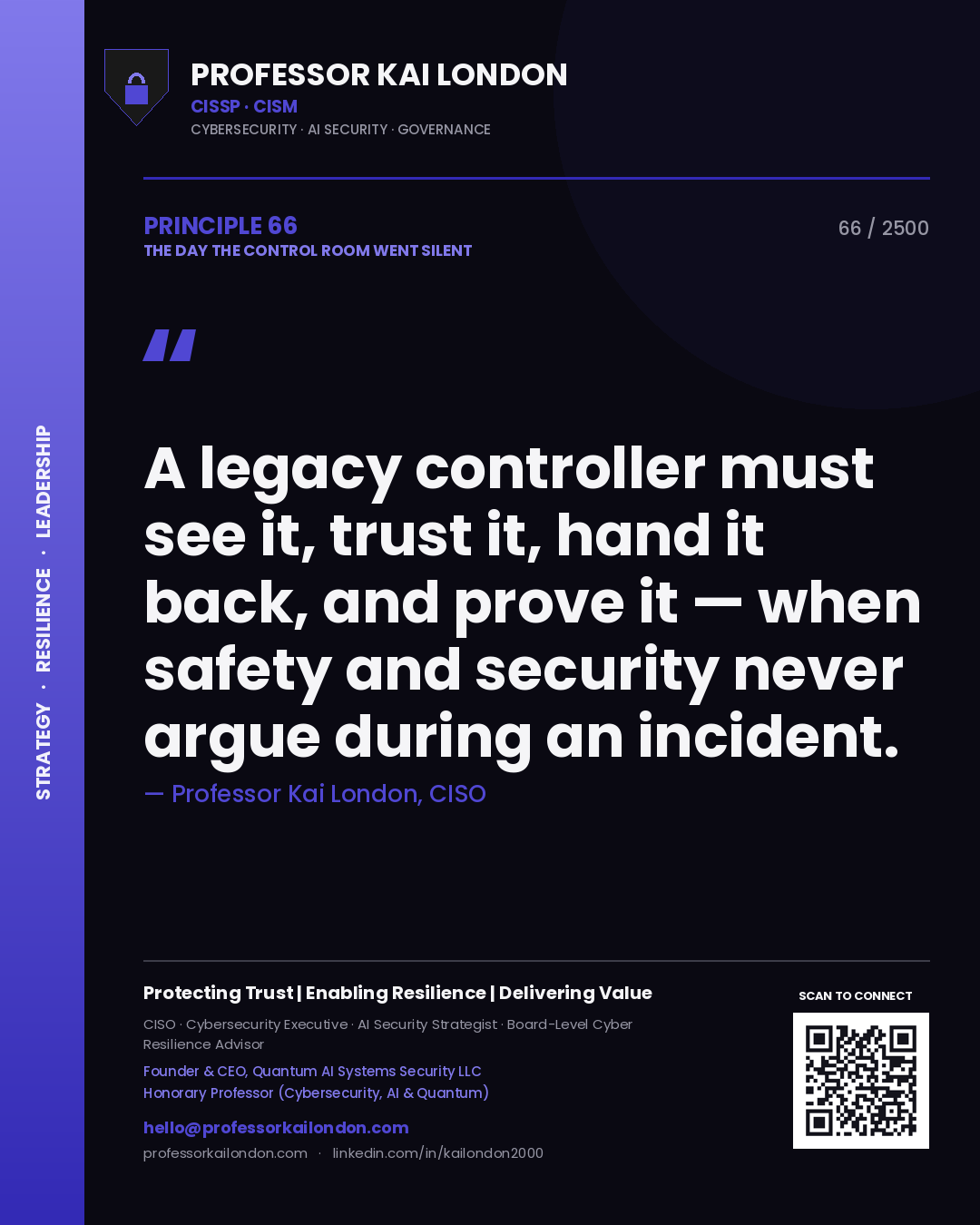 Quote card by Professor Kai London reading 'A legacy controller must see it, trust it, hand it back, and prove it — when safety and security never argue during an incident.'. From the book The Day the Control Room Went Silent.