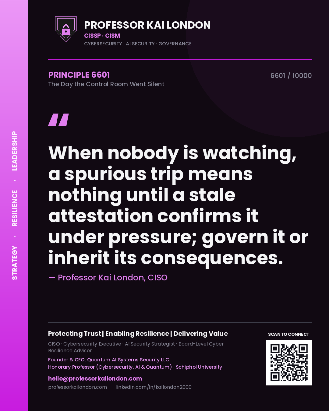 Professor Kai London principle 6601: When nobody is watching, a spurious trip means nothing until a stale attestation confirms it under pressure; govern it or inherit its consequences.