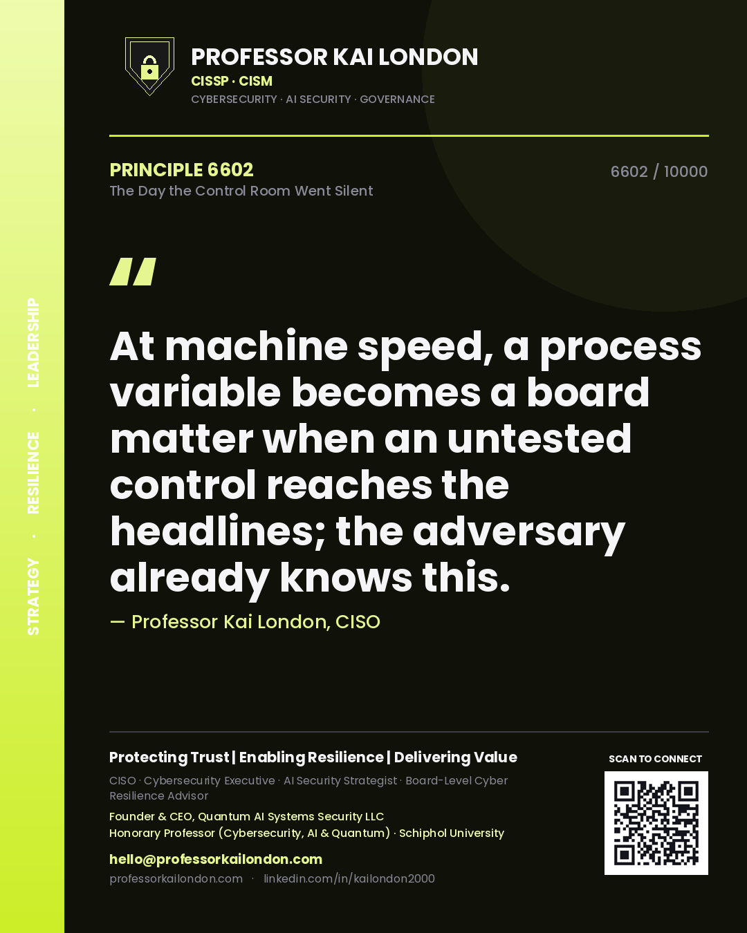 Professor Kai London principle 6602: At machine speed, a process variable becomes a board matter when an untested control reaches the headlines; the adversary already knows this.