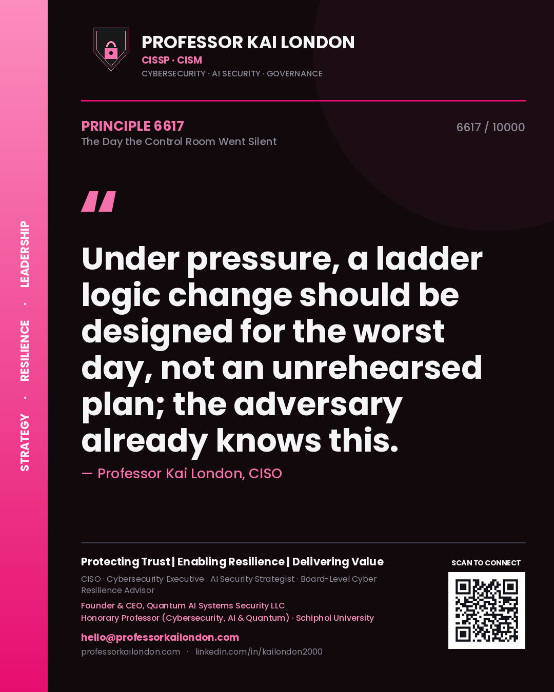 Professor Kai London principle 6617: Under pressure, a ladder logic change should be designed for the worst day, not an unrehearsed plan; the adversary already knows this.