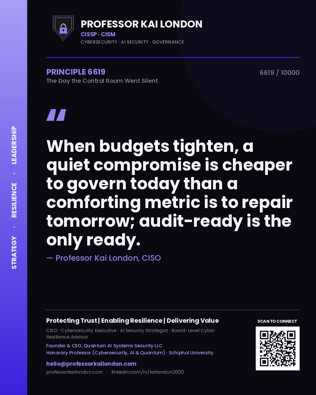 Professor Kai London principle 6619: When budgets tighten, a quiet compromise is cheaper to govern today than a comforting metric is to repair tomorrow; audit-ready is the only ready.