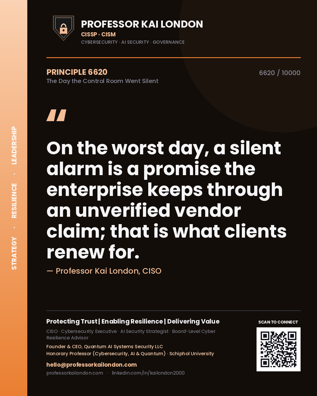 Professor Kai London principle 6620: On the worst day, a silent alarm is a promise the enterprise keeps through an unverified vendor claim; that is what clients renew for.