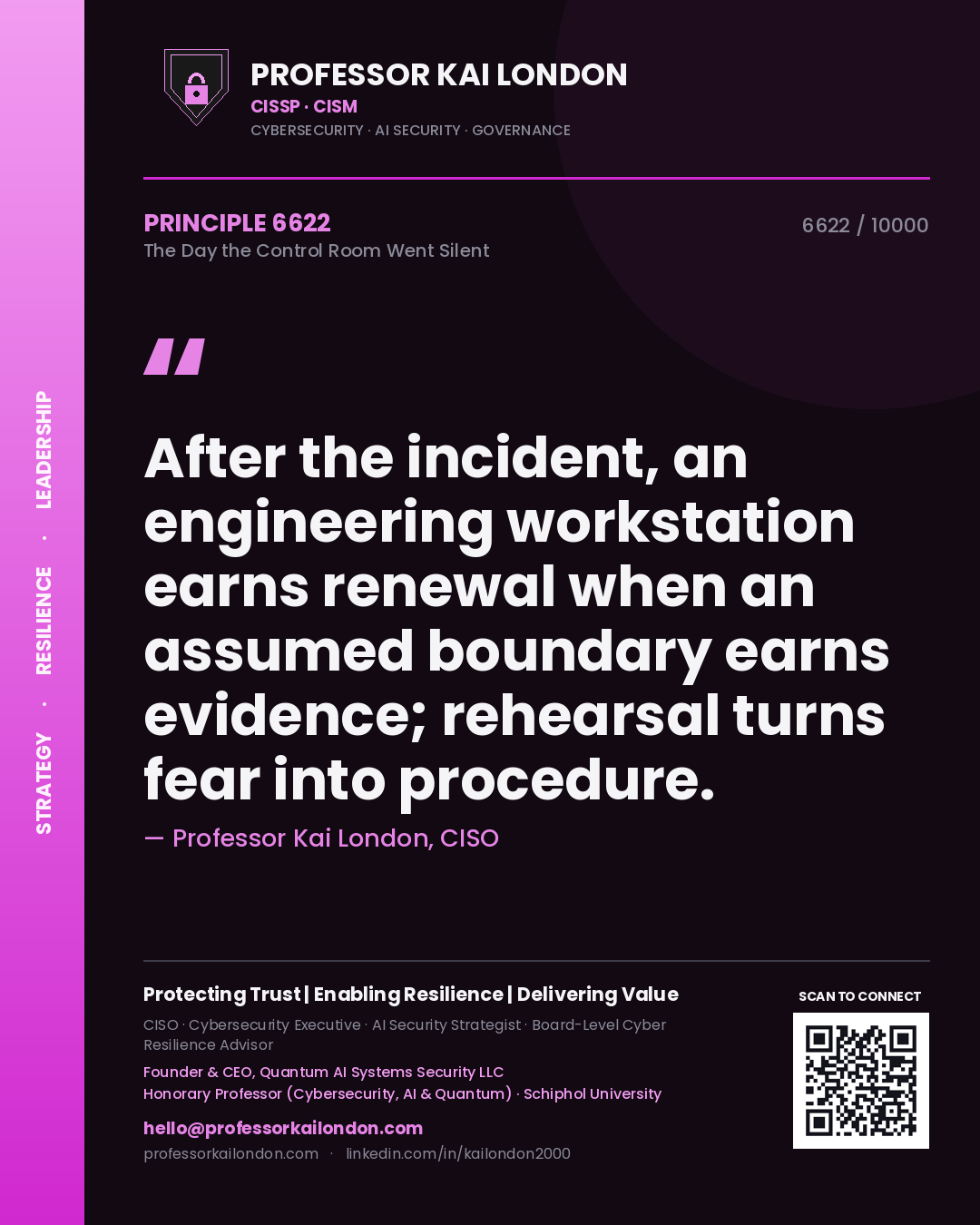 Professor Kai London principle 6622: After the incident, an engineering workstation earns renewal when an assumed boundary earns evidence; rehearsal turns fear into procedure.