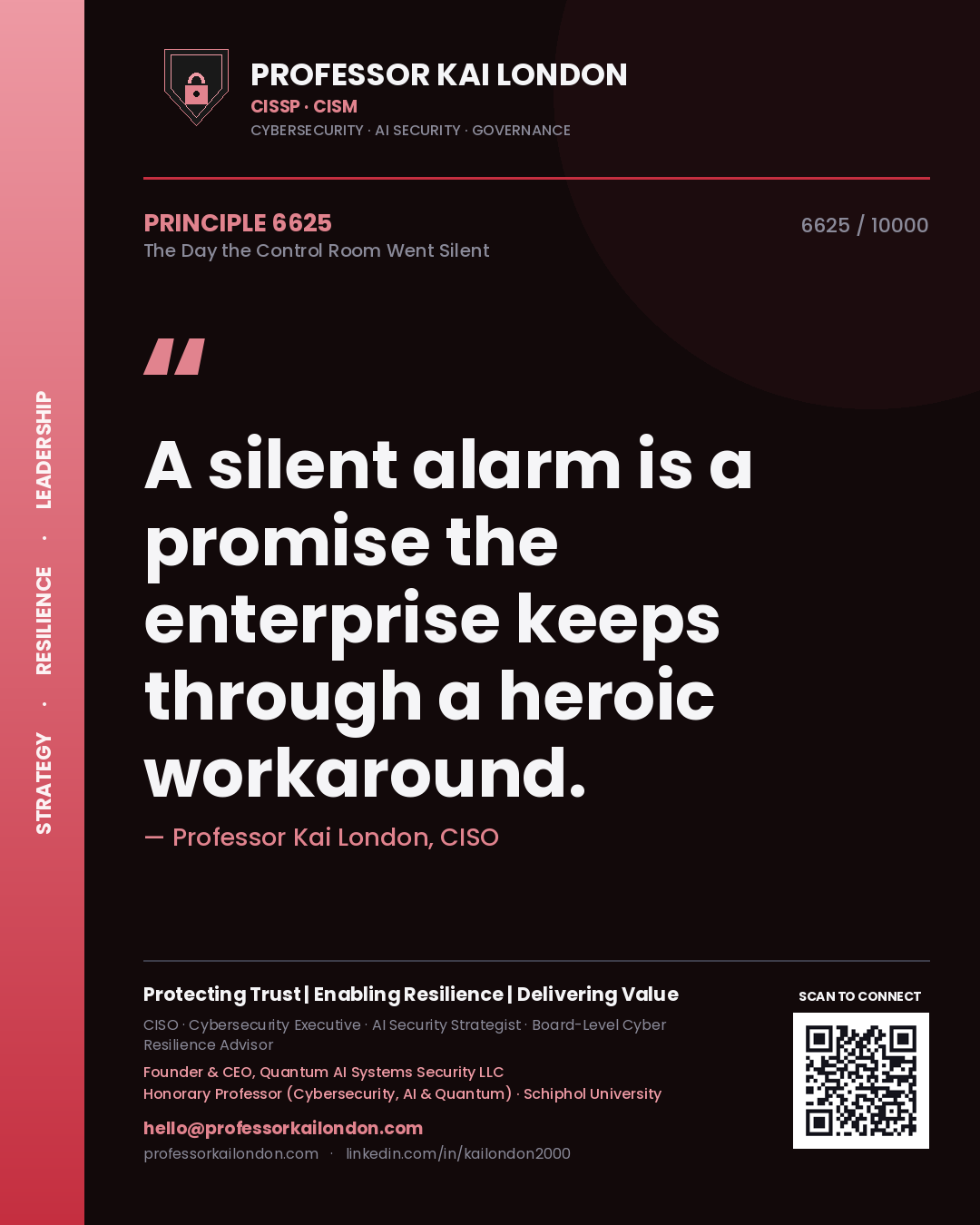 Professor Kai London principle 6625: A silent alarm is a promise the enterprise keeps through a heroic workaround.