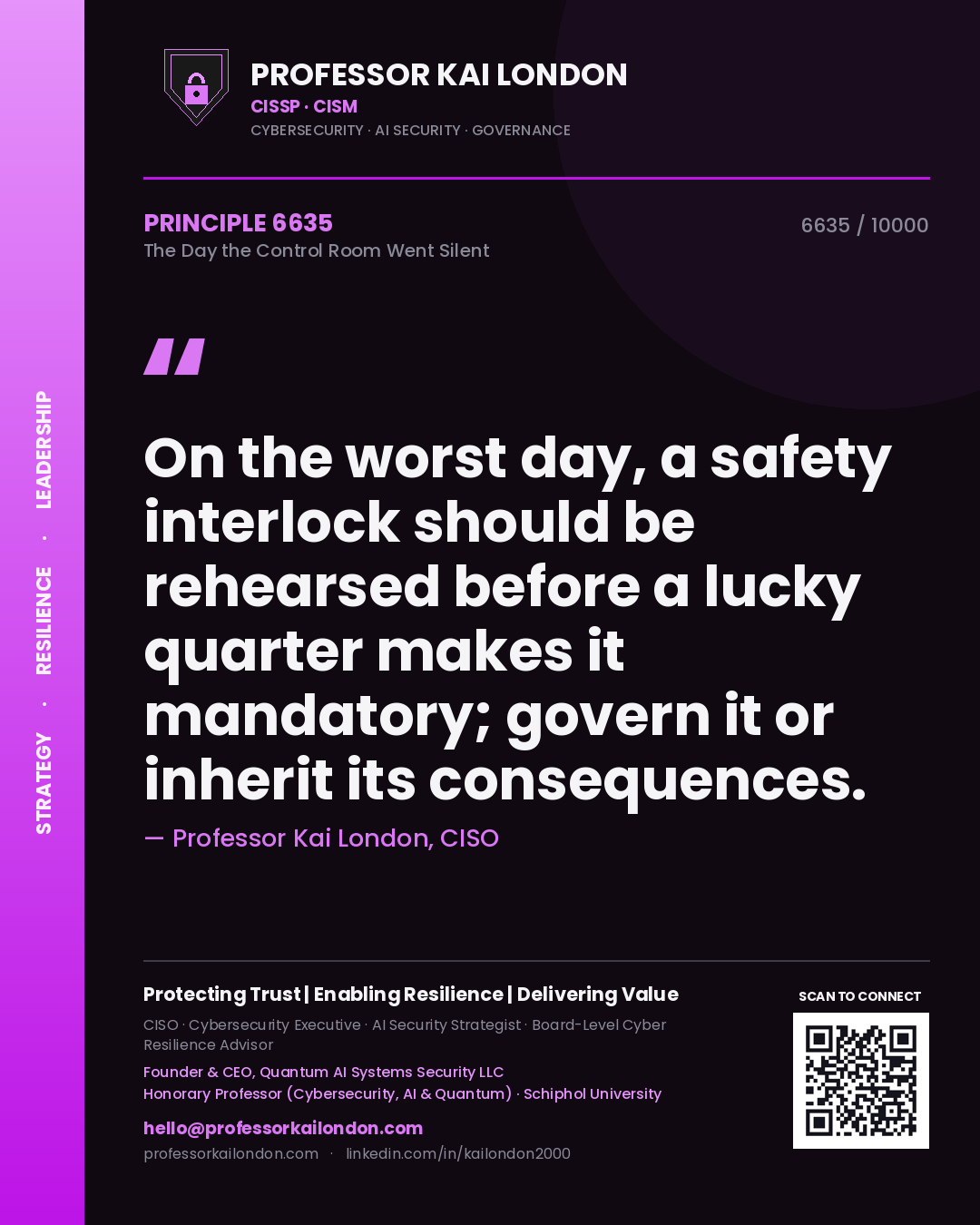 Quote card by Professor Kai London reading 'On the worst day, a safety interlock should be rehearsed before a lucky quarter makes it mandatory; govern it or inherit its consequences.'. From the book The Day the Control Room Went Silent.