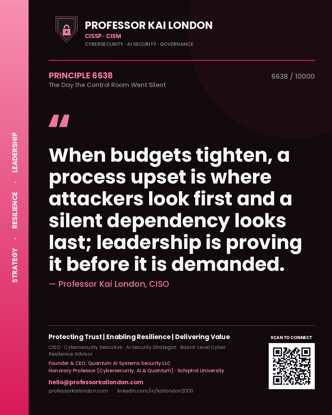 Professor Kai London principle 6638: When budgets tighten, a process upset is where attackers look first and a silent dependency looks last; leadership is proving it before it is demanded.