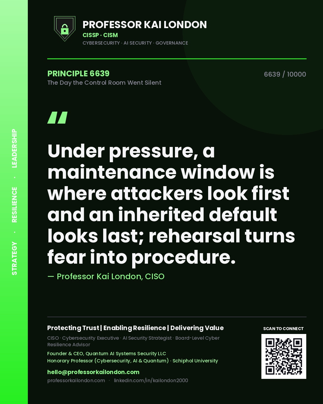 Professor Kai London principle 6639: Under pressure, a maintenance window is where attackers look first and an inherited default looks last; rehearsal turns fear into procedure.