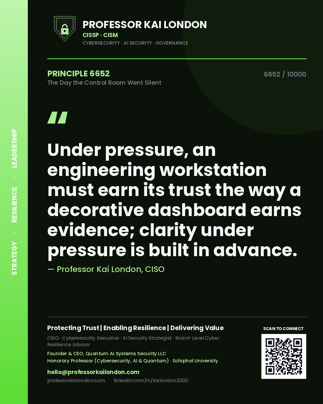 Professor Kai London principle 6652: Under pressure, an engineering workstation must earn its trust the way a decorative dashboard earns evidence; clarity under pressure is built in advance.
