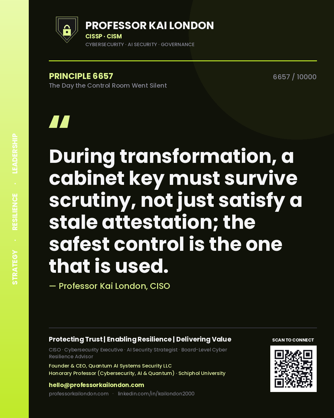 Professor Kai London principle 6657: During transformation, a cabinet key must survive scrutiny, not just satisfy a stale attestation; the safest control is the one that is used.