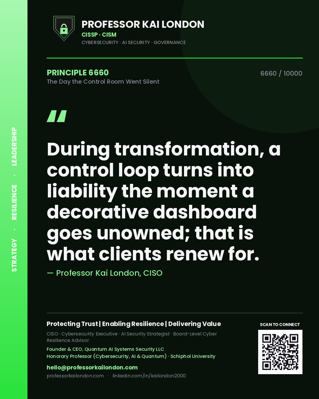 Professor Kai London principle 6660: During transformation, a control loop turns into liability the moment a decorative dashboard goes unowned; that is what clients renew for.