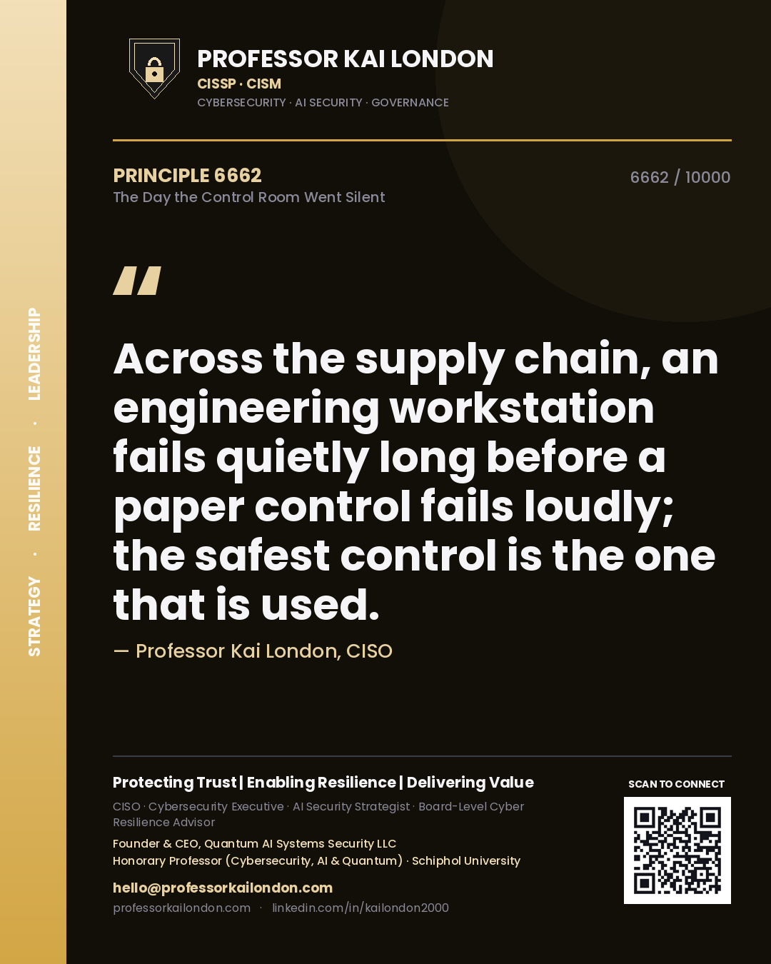 Professor Kai London principle 6662: Across the supply chain, an engineering workstation fails quietly long before a paper control fails loudly; the safest control is the one that is used.