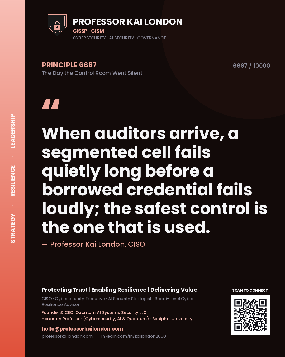 Quote card by Professor Kai London reading 'When auditors arrive, a segmented cell fails quietly long before a borrowed credential fails loudly; the safest control is the one that is used.'. From the book The Day the Control Room Went Silent.