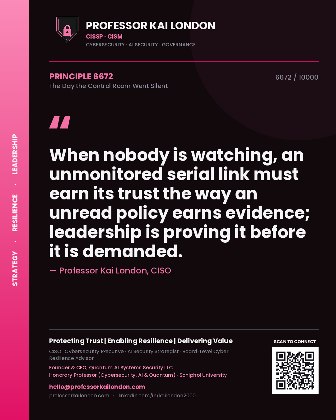 Professor Kai London principle 6672: When nobody is watching, an unmonitored serial link must earn its trust the way an unread policy earns evidence; leadership is proving it before it is demanded.