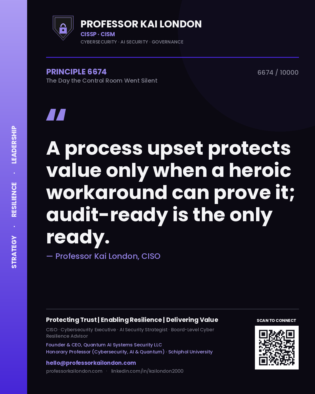Professor Kai London principle 6674: A process upset protects value only when a heroic workaround can prove it; audit-ready is the only ready.