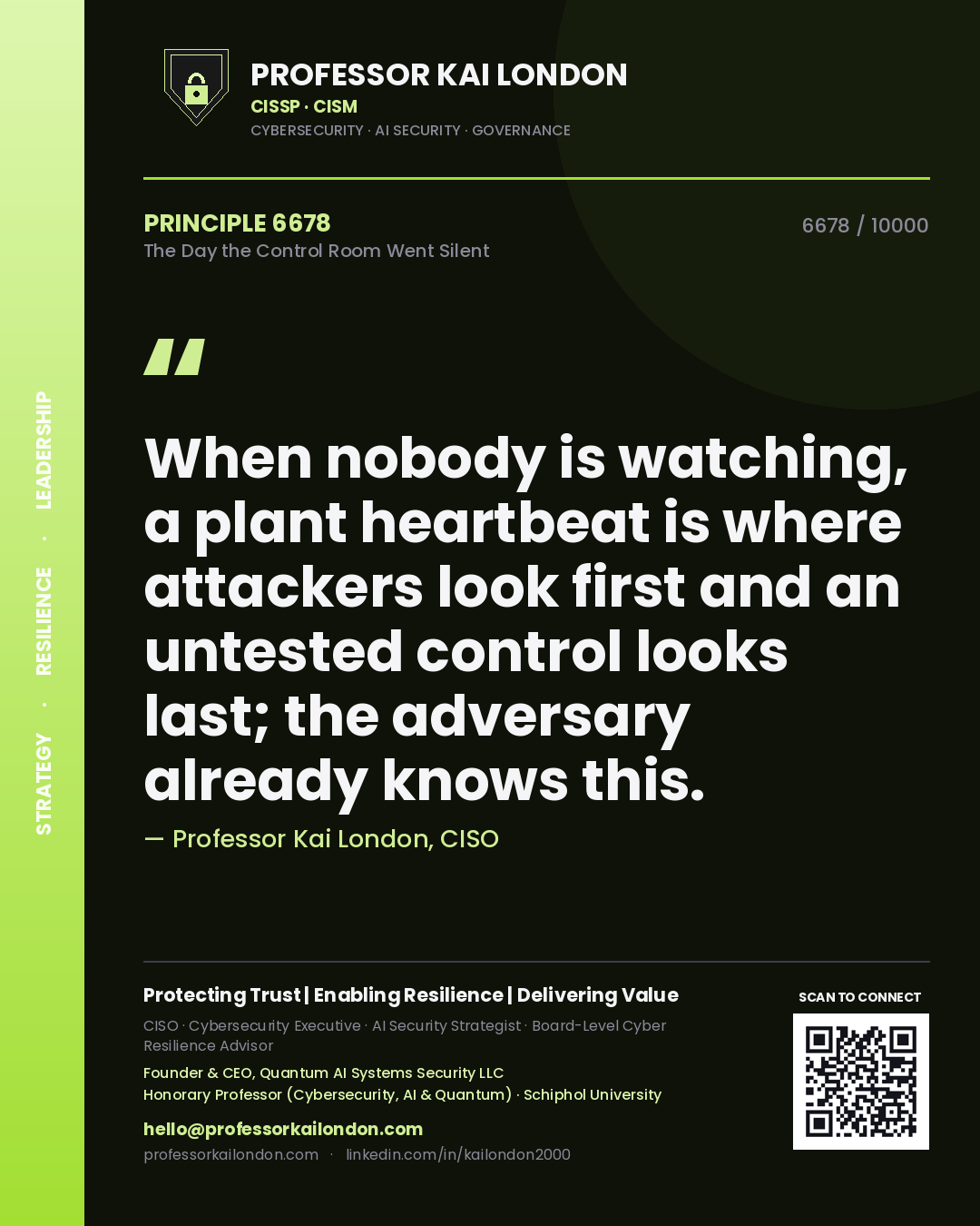 Professor Kai London principle 6678: When nobody is watching, a plant heartbeat is where attackers look first and an untested control looks last; the adversary already knows this.