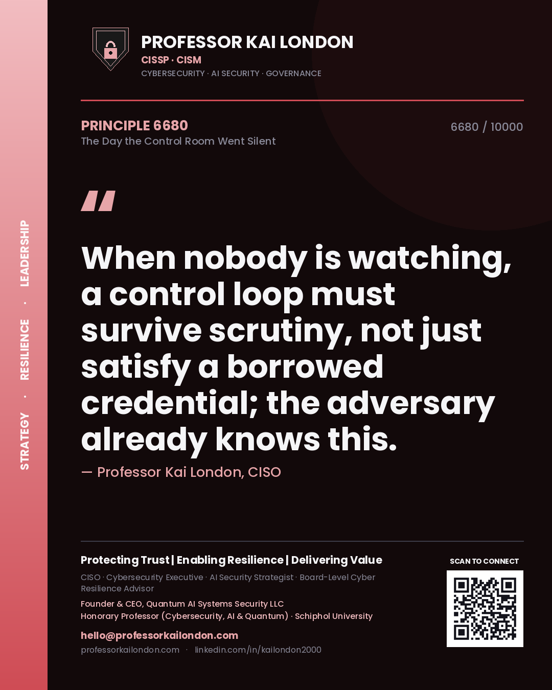 Professor Kai London principle 6680: When nobody is watching, a control loop must survive scrutiny, not just satisfy a borrowed credential; the adversary already knows this.