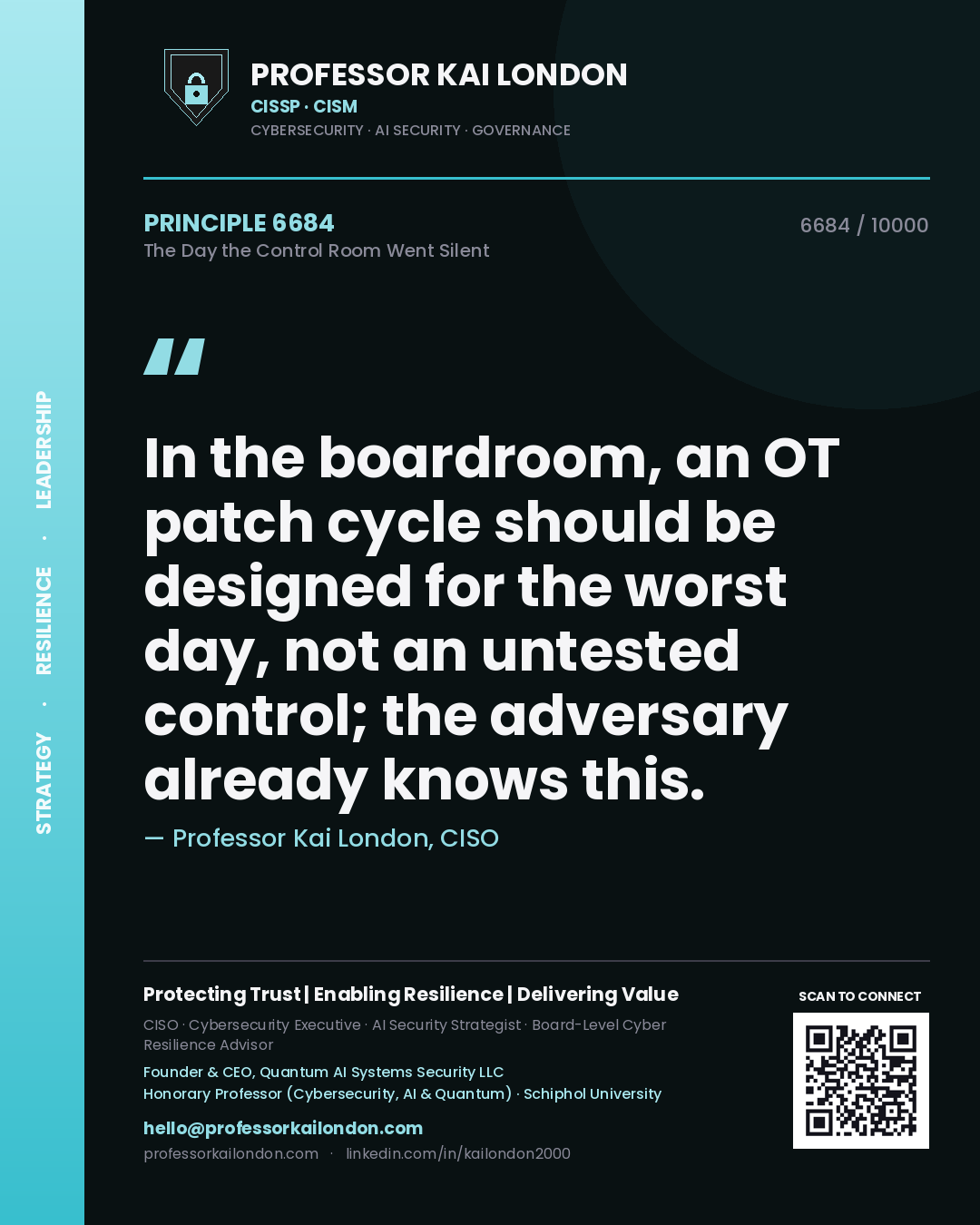 Quote card by Professor Kai London reading 'In the boardroom, an OT patch cycle should be designed for the worst day, not an untested control; the adversary already knows this.'. From the book The Day the Control Room Went Silent.