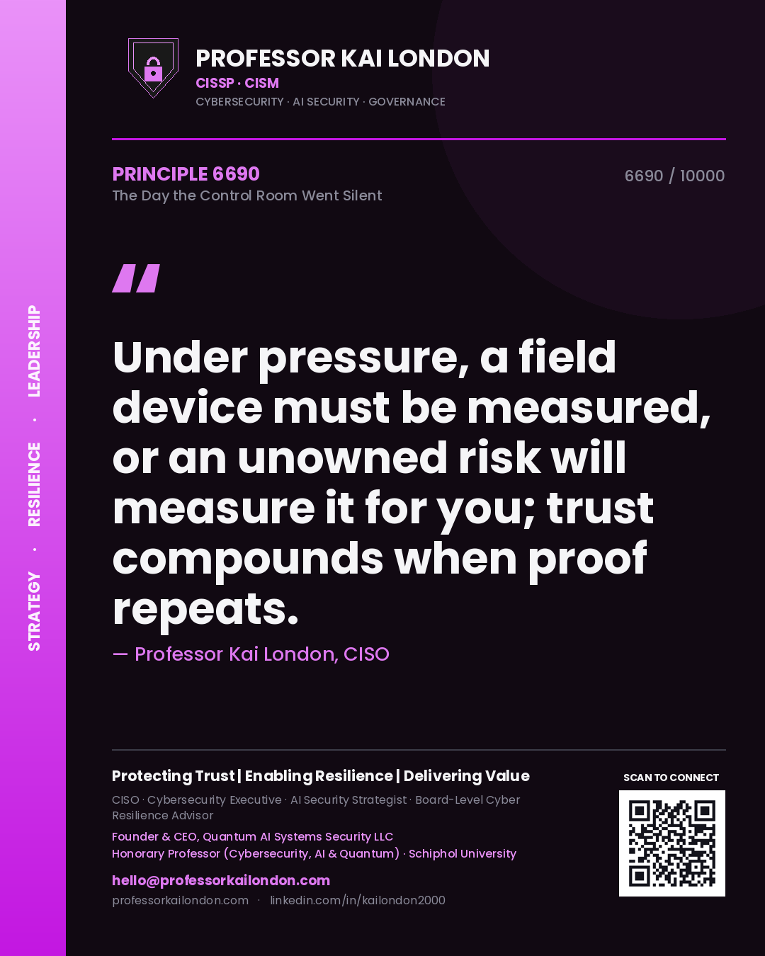 Quote card by Professor Kai London reading 'Under pressure, a field device must be measured, or an unowned risk will measure it for you; trust compounds when proof repeats.'. From the book The Day the Control Room Went Silent.
